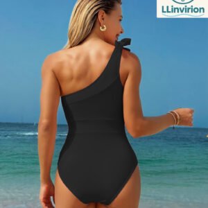 One Shoulder One Piece Swimsuits - Women Tummy Control Bathing Suit with Tie Knot Swimwear Full Coverage