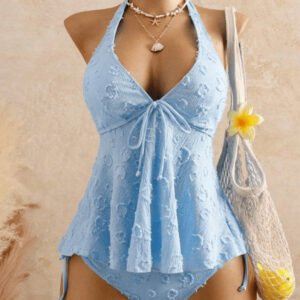 Women’s Cream Floral Textured Two-Piece Swimdress with Halter Neck & Side Ties